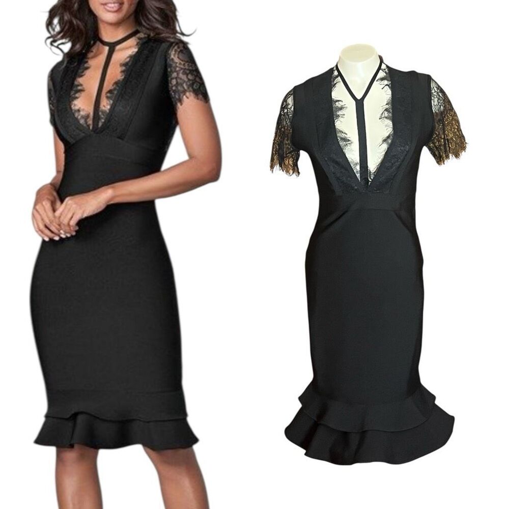 Venus Black Chantilly Lace Black Bandage VNeck‎ Dress Ruffle Hem